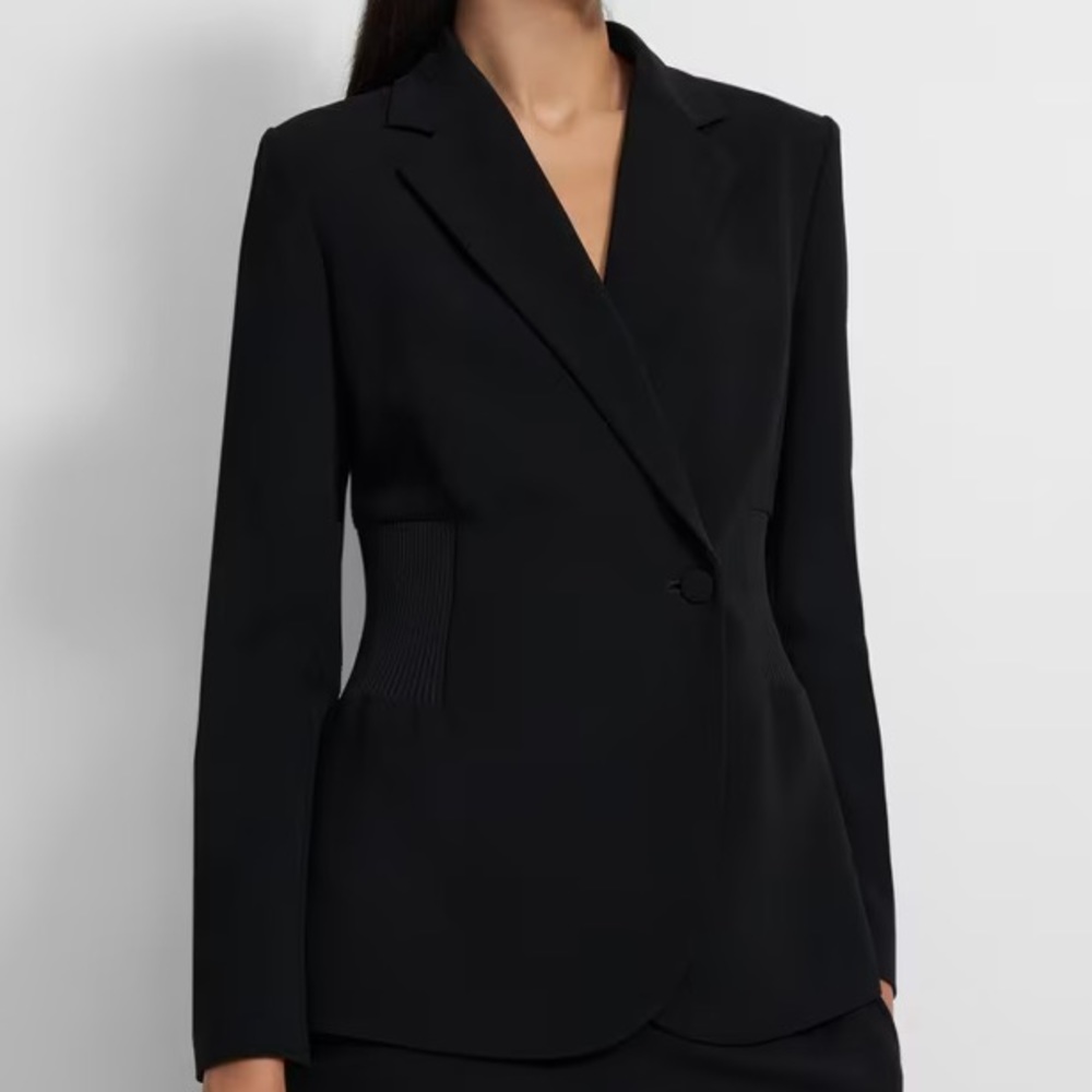 Theory Blazer in Admiral Crepe Black Rib Jacket Minimalist Ribbed-Waist Work